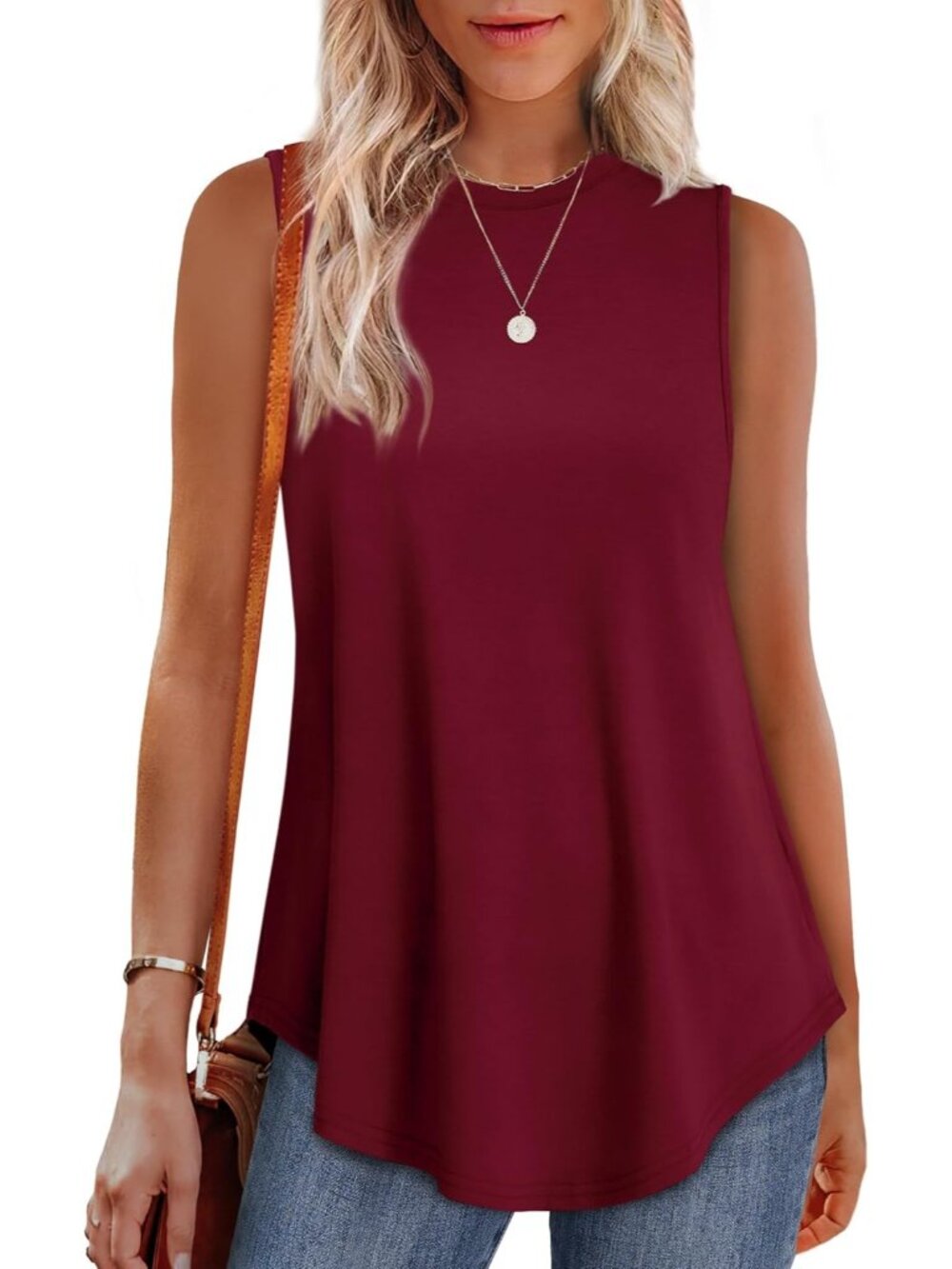Women's Burgundy High Neck Tank Loose Fit Sleeveless Outdoor Summer Tunic Tops